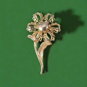 Gold Flower Stem and Leaf Brooch Pin